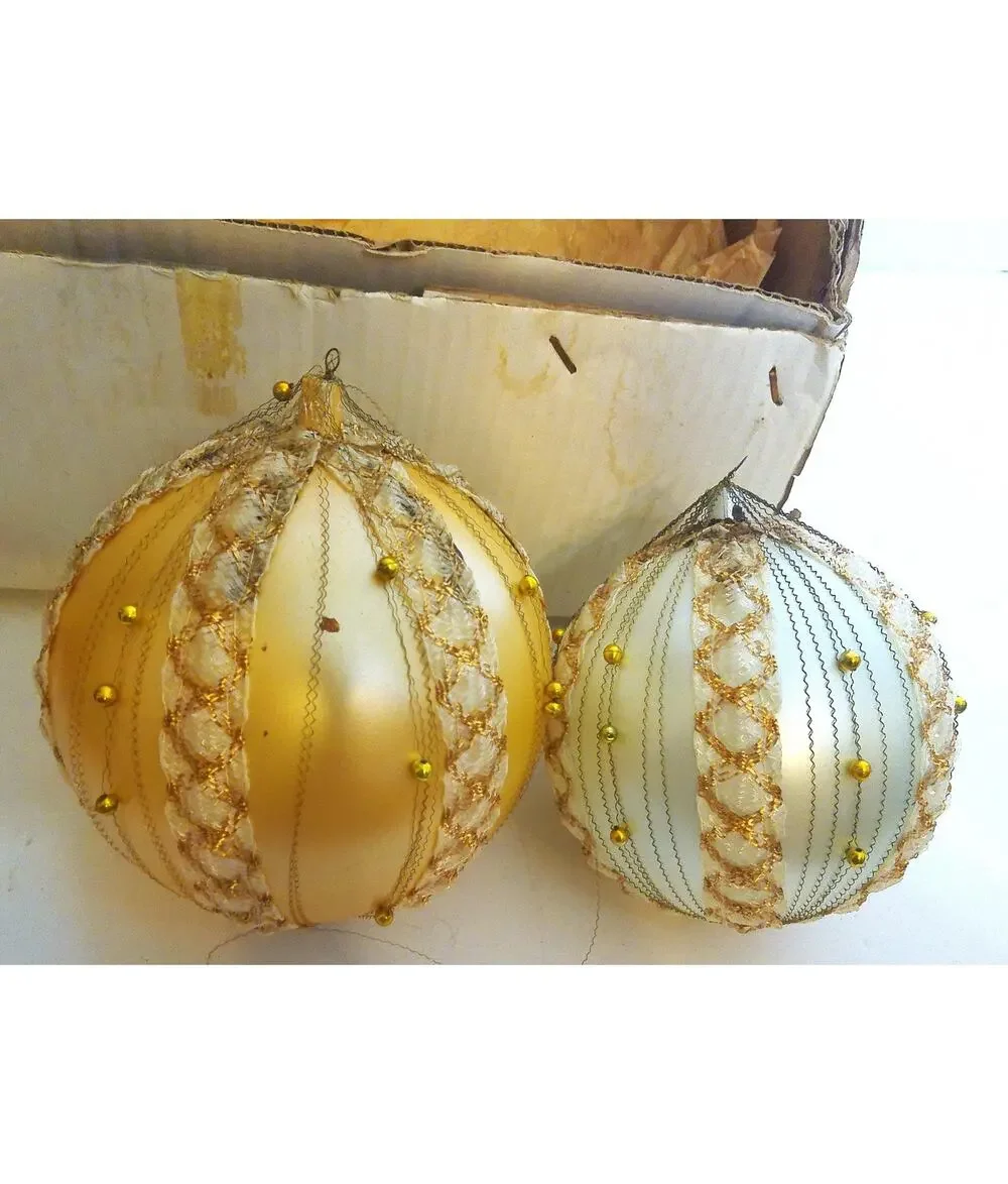 Vintage Italian Wire Wrapped Christmas Ornaments Gold Blue Brocade Baubles Set 2